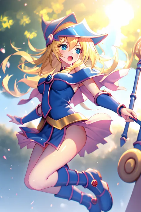 dark magician girl, masterpiece, best quality, 1girl, blonde hair, blue footwear, blue headwear, breasts, duel monster, hat, hex...