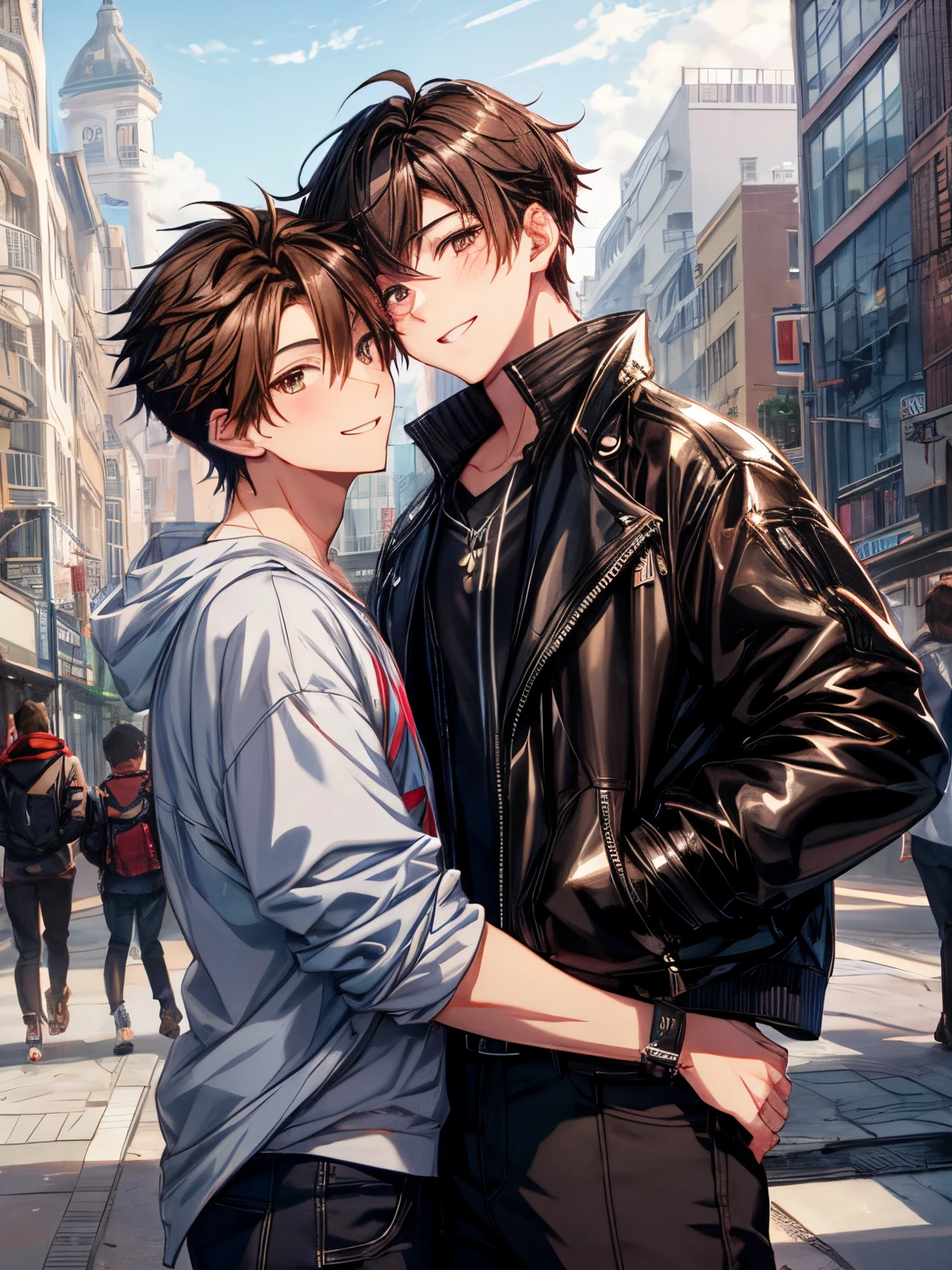 Two anime guys are hugging in the street while one is kissing the other -  SeaArt AI