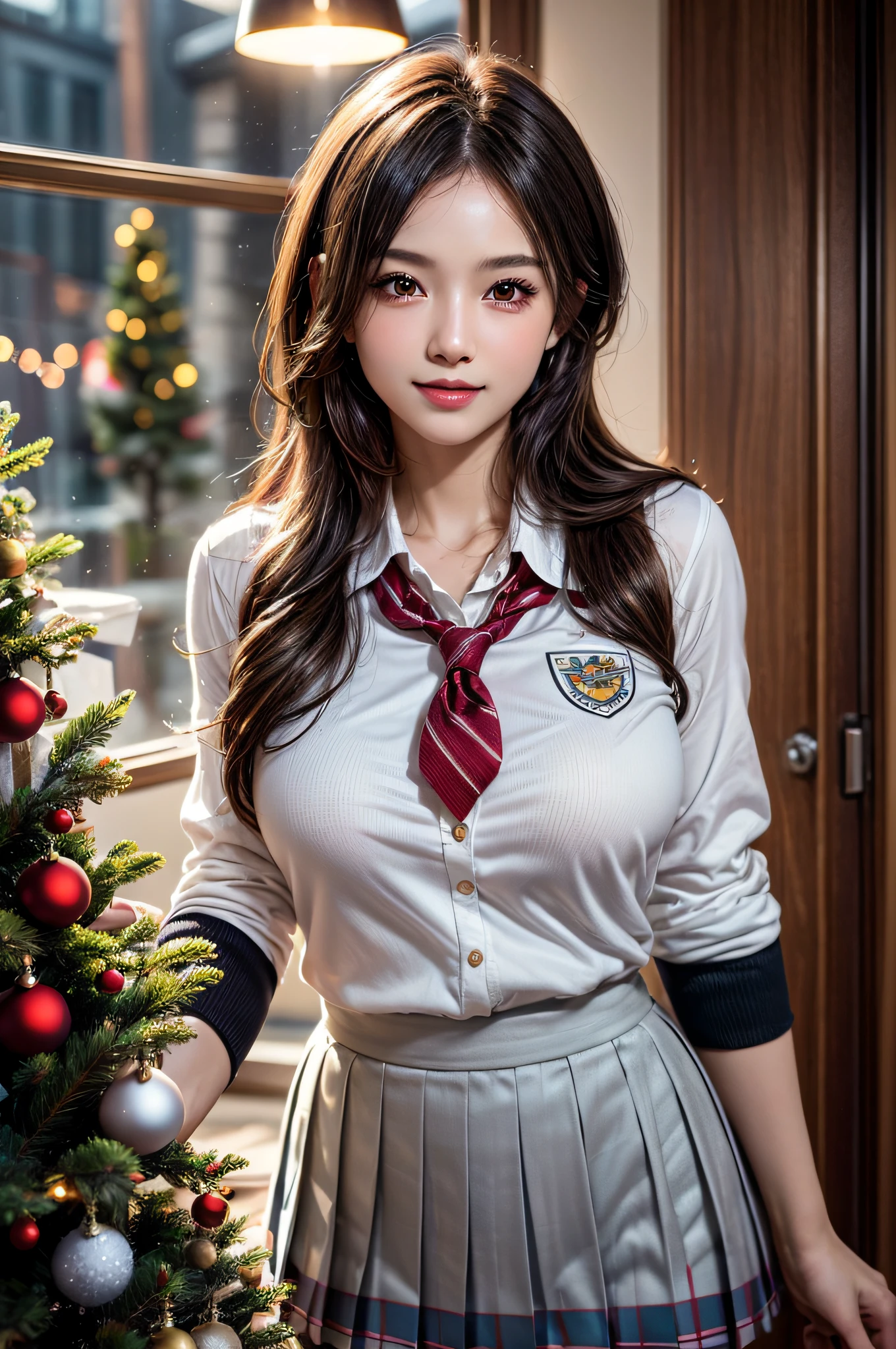 (1 cute girls), Extremely cute, Amazing face and eyes, (Beautiful lovely smile), (extremely detailed beautiful face), bright and shiny lips, (School uniform, Pleated skirt:1.3), (Best Quality:1.4), (hyper quality), (Ultra-detailed), (Hyper-realistic, Photorealsitic:1.37), Authentic skin texture, intricate-detail, extremely detailed CG unified 8k wallpaper, RAW Photos, professional photograpy, Cinematic lighting, Exposing, Christmas tree, Christmas Ornaments, Christmas Decorations, Christmas Lights, christmas lights,