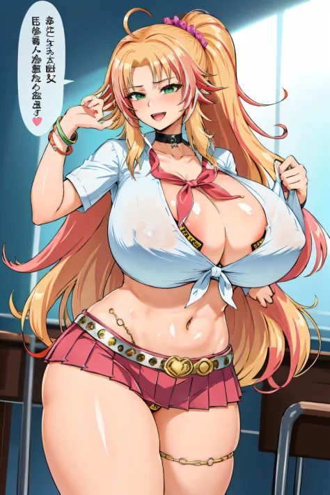 barbarian school, 1girl in, (huge-breasted:1.2),gigantic thigh,thick thighs,Smile,Happy,Pink skirt,gals,  Leopard print, Navel piercing, crass room,Animal print, bikini of, Swimsuit, Huge breasts, Solo, で, micro skirt, Long hair, Skirt, Navel, Red hair, Ah...