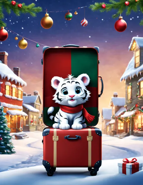 Product design，Christmas poster design，Made by Pixar，wallpaper hd，CG scene，（Little white tiger creative trolley case），Background with：christmas
