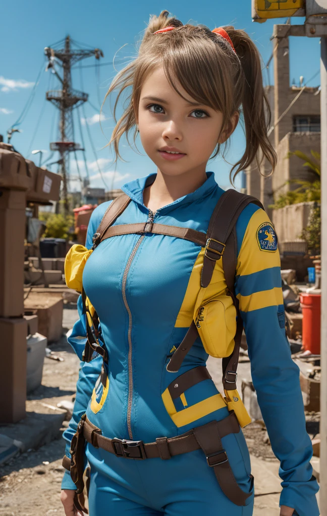 Fallout, a 12 year old girl with messy brown hair, wearing a skintight vault jumpsuit, and a ragged blue metal gear bandana, brown eyes, blue jumpsuit with yellow stripes, backpack straps, fallout 3, cleavage, smooth plastic fabric, slim, petite, short girl, ripped worn uniform,