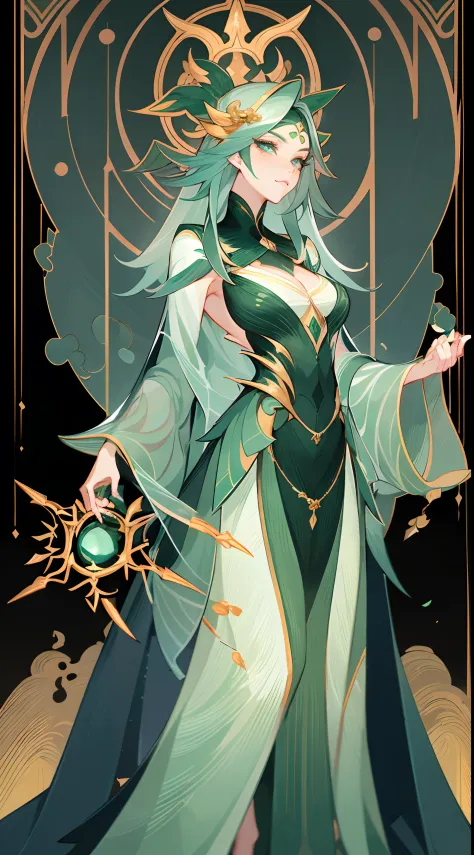 1 Beautiful woman，A Necromancer，green outfit，standing full-body，独奏，Clear facial features，(tmasterpiece，top-quality，Best quality，...