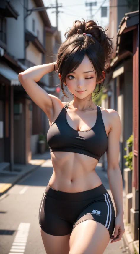 (masterpiece), top quality, high detail, natural lighting, expressive eyes, dark hair, sports bra, yoga shorts, running, night, empty Japanese streets, (one eye closed), smile, from behind, sagging breasts,  big breasts,