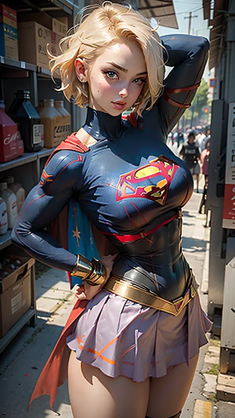 ((realisitic))、beautiful woman short hair、wearing supergirl cosplay、big breasts