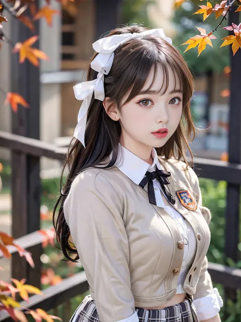 Original image quality、8K分辨率、Ultra HD CG images、autumn leaves at night🍁、rays of moonlight、Beautiful girl of 16 years old、Eyes are delicate and beautiful。(Double ponytailed black hair:1.4), (White ribbon holds hair in place:1.4), (Platinum silver accessorie...