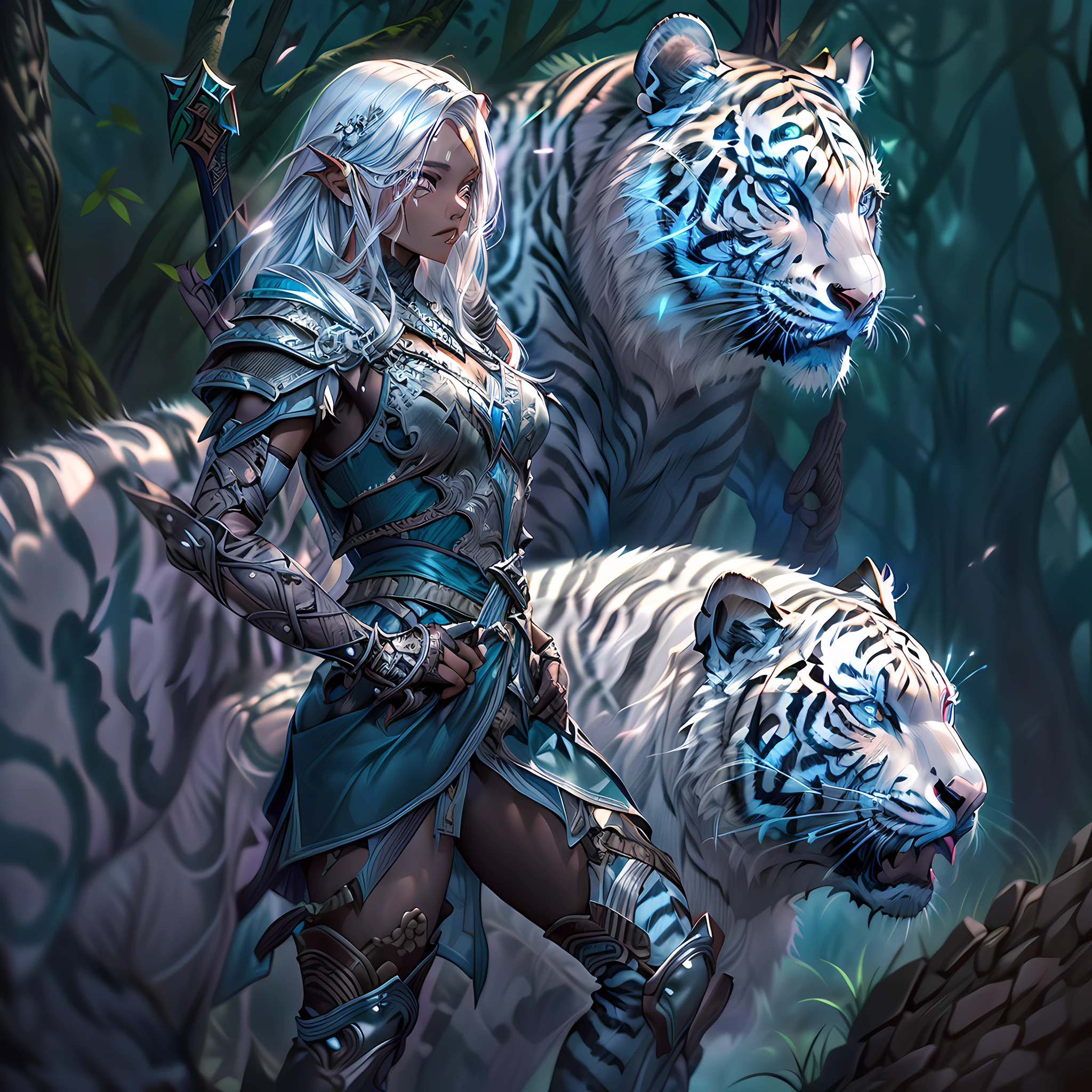 high details, best quality, 16k, [Ultra detailed], masterpiece,  best quality, (extremely detailed), dynamic angle, ultra wide shot, RAW, photorealistic, fantasy art, RPG art, realistic art, a wide angle picture of an epic female drow ranger and her pet (white tiger: 1.3),  warrior of nature, fighter of nature, full body, [[anatomically correct]] full body (intricate details, Masterpiece, best quality: 1.5) talking to am epic (white tiger: 1.3) (intricate details, Masterpiece, best quality: 1.6) armed with an epic magical sword  (intricate details, Masterpiece, best quality: 1.5) epic magical sword fantasysword sword, glowing in blue light , in dark forest ( intricate details, Masterpiece, best quality: 1.4), a female beautiful epic drow wearing leather armor (intricate details, Masterpiece, best quality: 1.5), leather boots, thick hair, long hair, white hair, black skin intense eyes, forest  background (intense details), moon light, stars light, clouds (intricate details, Masterpiece, best quality: 1.5), dynamic angle, (intricate details, Masterpiece, best quality: 1.3), high details, best quality, highres, ultra wide angle