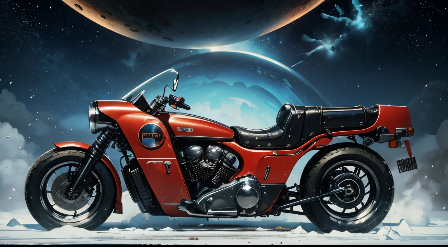 Science Fiction,Sci-Fi Movies,Retro, Motor cycle,Based on the Movie Foundation ,Retro, scramble-style, 500cc engine, double mufflers,rebel,chaotic,future world,world of socialism,snow,chaos, after war