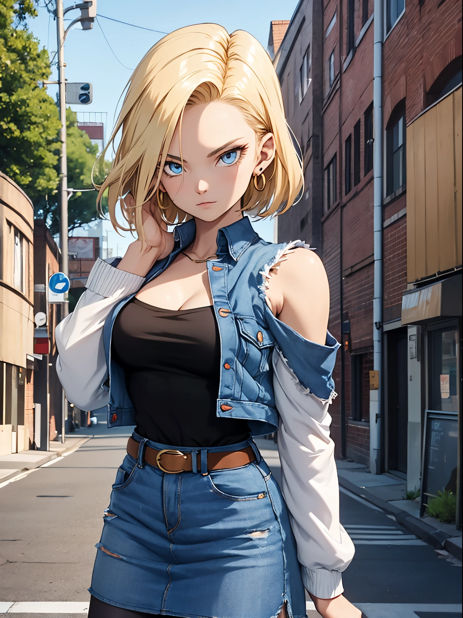 best quality, highres, and18, 1girl, android 18, solo, blonde hair, blue eyes, short hair, earrings, jewelry, denim vest, open vest, black pantyhose, black shirt, denim skirt, striped long sleeves, blue skirt, medium breasts, cowboy shot, street, (Externally expanded Chest:1.2), (Strapless:1.2), off-the-shoulder