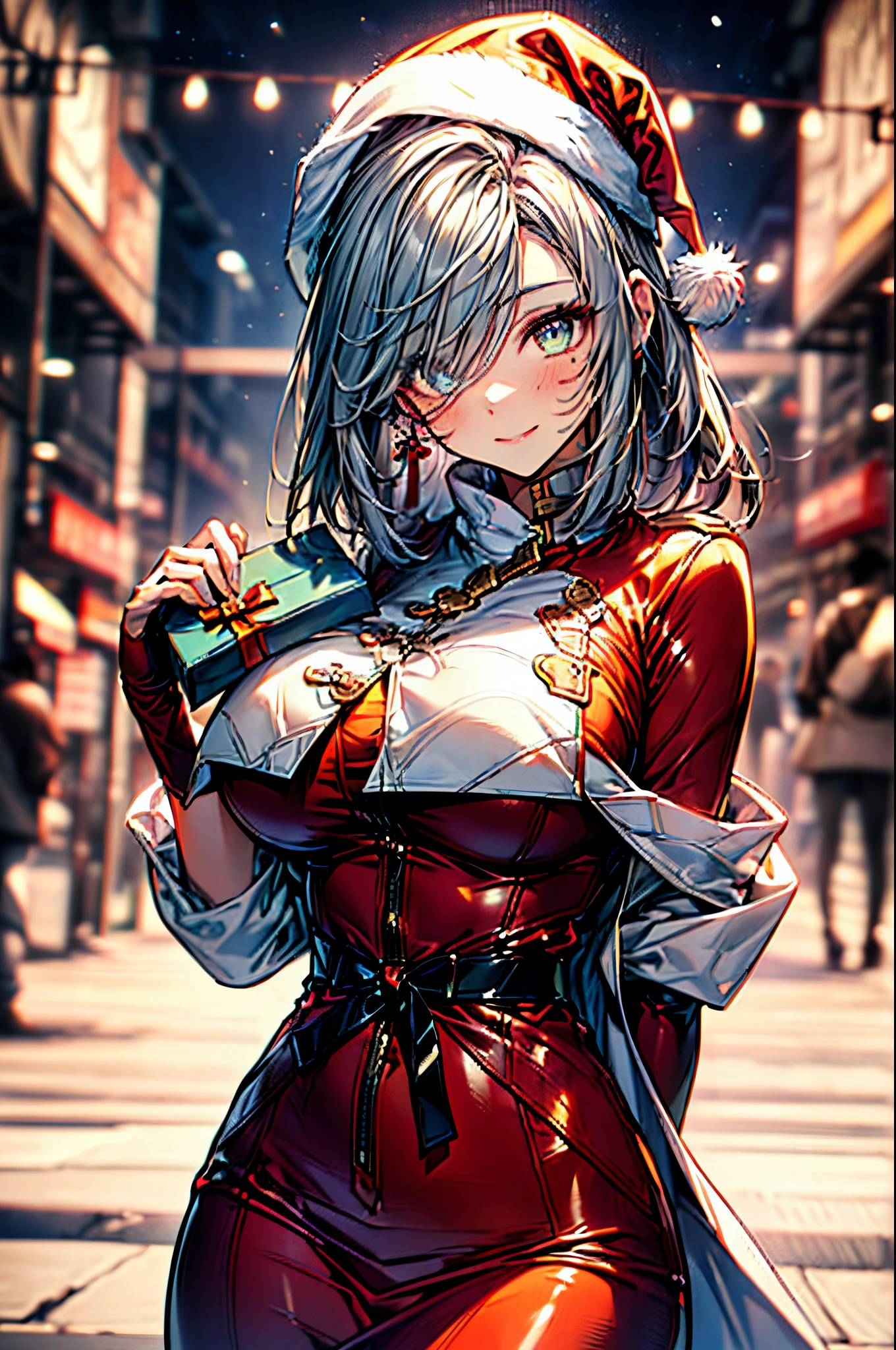 (Conceptual image board:1.3), ((matured girl wearing Sexy Santa clause costume with far:1.3, red dress with green, holding a present box in both hands to give viewers:1.2, close to viewers:1.2)), a matured woman with long black hair and a red outfit, red winter coat with bore, scarfs, green ribbon tie, knee length long boots, red and green winter outfits, holding present box with wrapping by ribbon:1.5, Christmas tree decorated with many ornaments:1.2, white bags on a sled, wearing red pencil skirt, Arabic, bodyesbian, fine details, beautiful anime illustration, 28 years old, (milf:1.3), (solo:1.5), (sfw:1.25), (sagging breast, fuge breasts, big , thin waist, big ass:1.2), Raised sexy, (dark mahogany medium short hair, updo, hair over one eye, asymmetric hair, Carly hair, low tied braids), (musulman, white Headscarfs, hair bands, head vandage, Turban), (ultra high resolution, 8K RAW photo, photo realistics, thin outline:1.3, clear focus), best qualtiy, cinematic lighting, textile shading, blurry back ground, field of depth, bokeh, (Bright pupils, fine detailed beautiful eyes with highlight:1.3, super detailed eyes, high detailed face), Red lip, fine realistic skins:1.1, looking at viewers:1.3, (dynamic angle:1.3, full body:1.3, front view:1.1, tigh focus:1.3, from below:1.2), (dynamic posing:1.5, sexy posing:1.2, sitting with holding knees:1.3, leaning forward:1.2), (seductive, shy happy smile:1.4), centered image, (wearing red long coat with bore and clothes, ((bare breast:1.37)), gold ornaments, rolling red clothes around waist, dark red long leather boots:1.3, translucent white lace pantyhose), (((correct anatomy:1.5, perfect hands:1.5, ideal ratio body proportions:1.37))), (in a night:1.3), (in snow field:1.3, under starly sky),