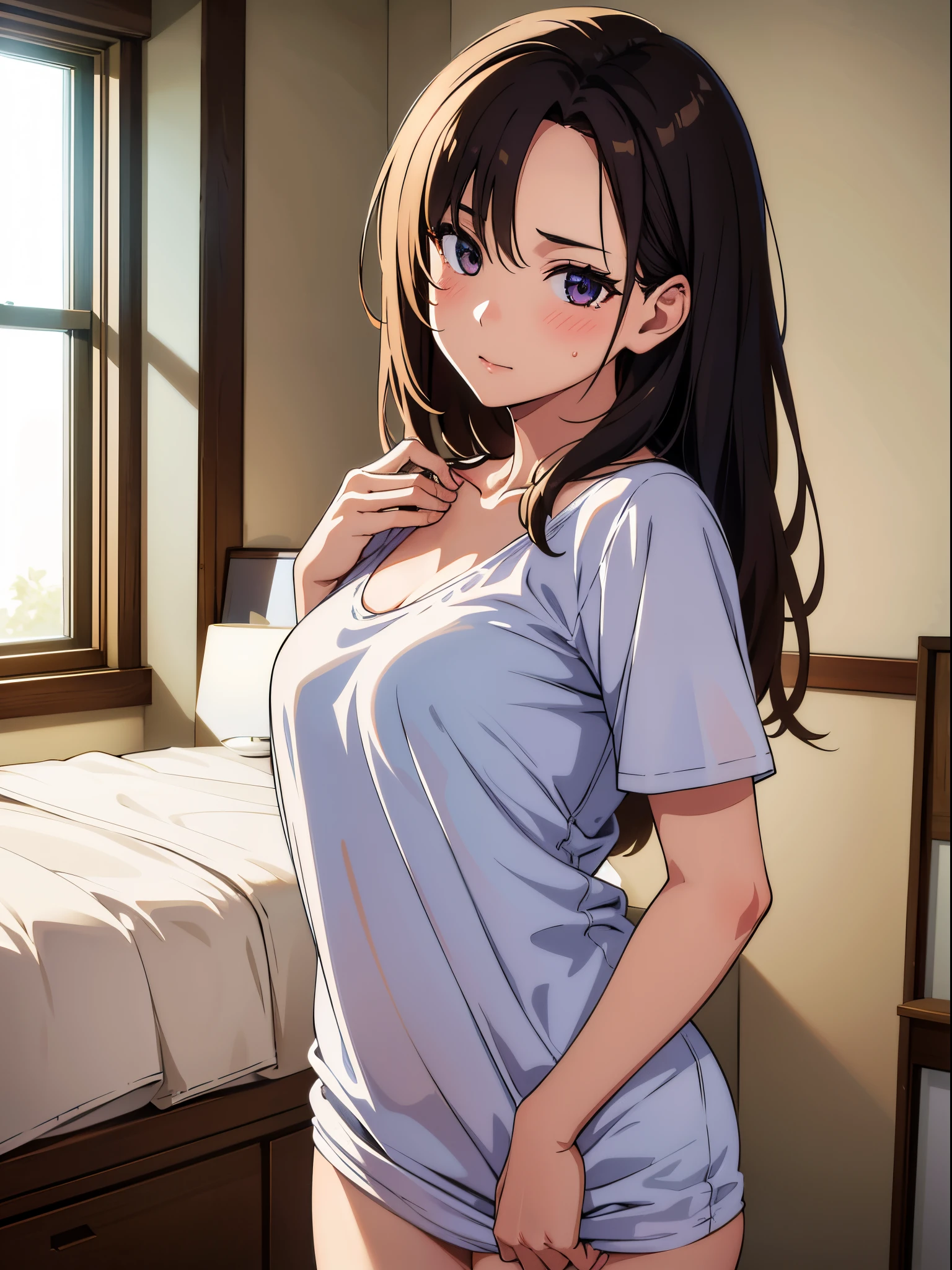 Anime girl in a short shirt standing in front of a bed - SeaArt AI