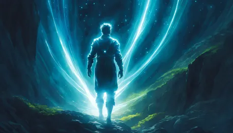 far distant man in a bright glowing aura of light, ascension, UHD, by Aleksi Briclot and Alessio Albi and Alexandre Cabanel, unz...