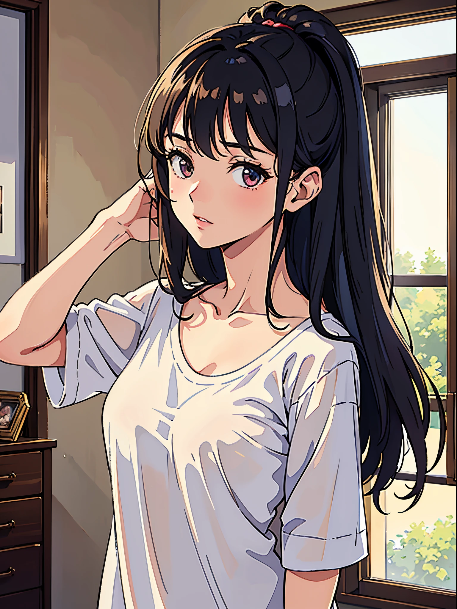 Anime girl with long black hair and white shirt looking at camera - SeaArt  AI