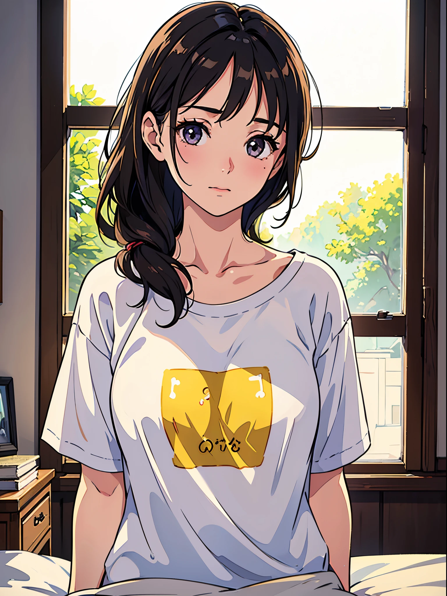 Anime girl in a white shirt sitting on a bed with a laptop - SeaArt AI