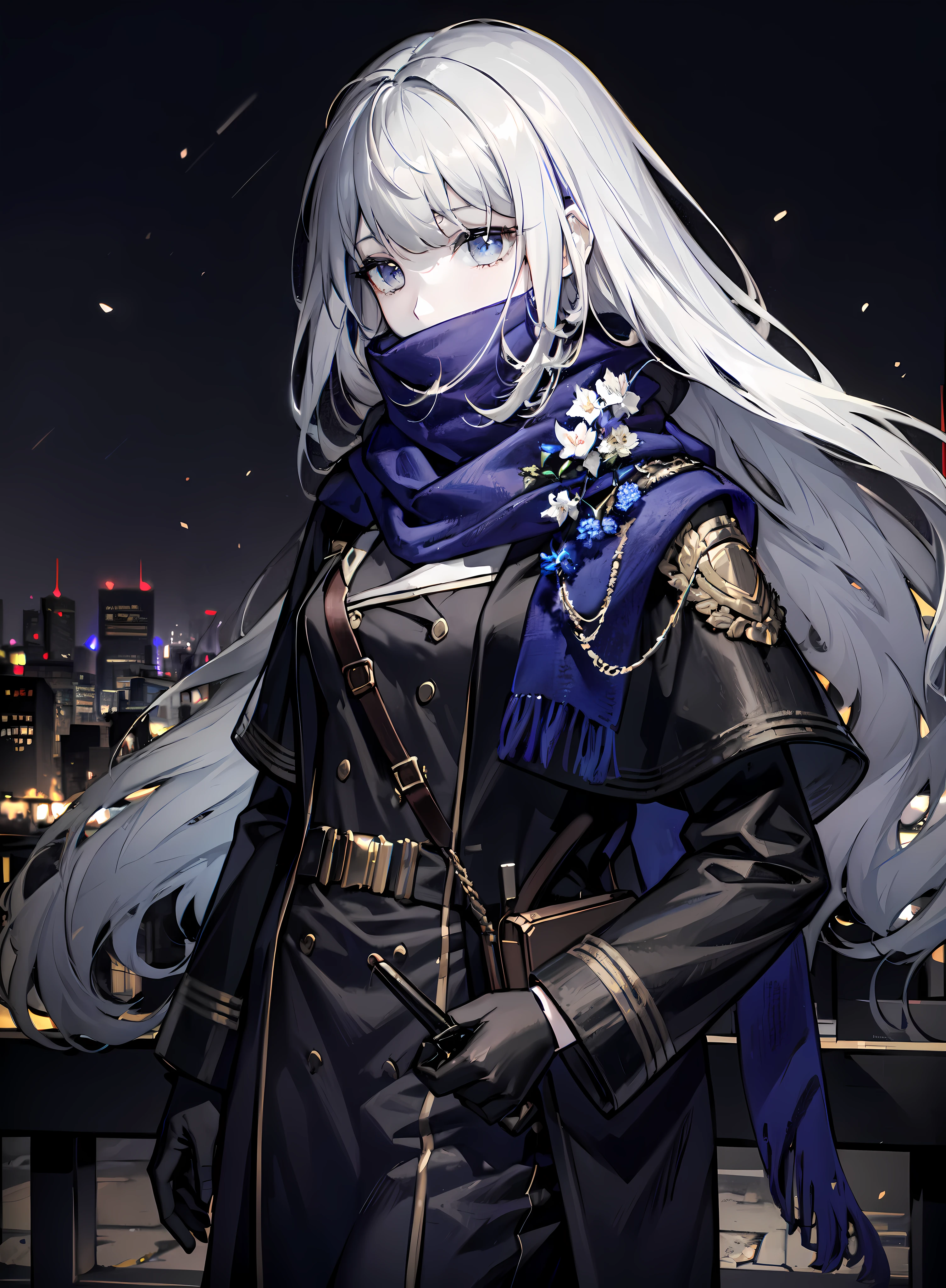 (masterpiece:1.2), (pale skin:1.2), (solo:1.2), (female:1.1), (emphasis lines:1.3), long hair, gray hair, blue scarf, (long black coat), black gloves, (outdoors), handheld transreceiver, (city), night