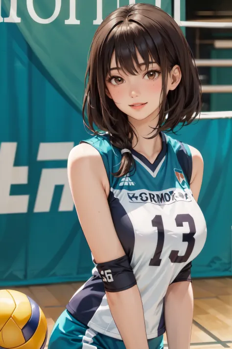 1lady solo, /(volleyball uniform/), /(dark brown hair/) bangs, blush light smile, (masterpiece best quality:1.2) delicate illustration ultra-detailed, large breasts BREAK /(volleyball court indoors/)