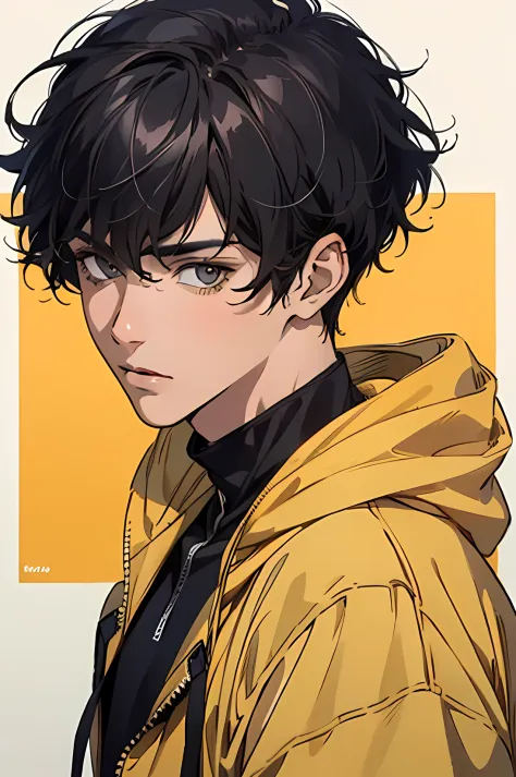 ((best quality)), ((masterpiece)), (detailed), perfect face, 1boy, solo, handsome, yellow hoodie, curly black hair, looking at v...