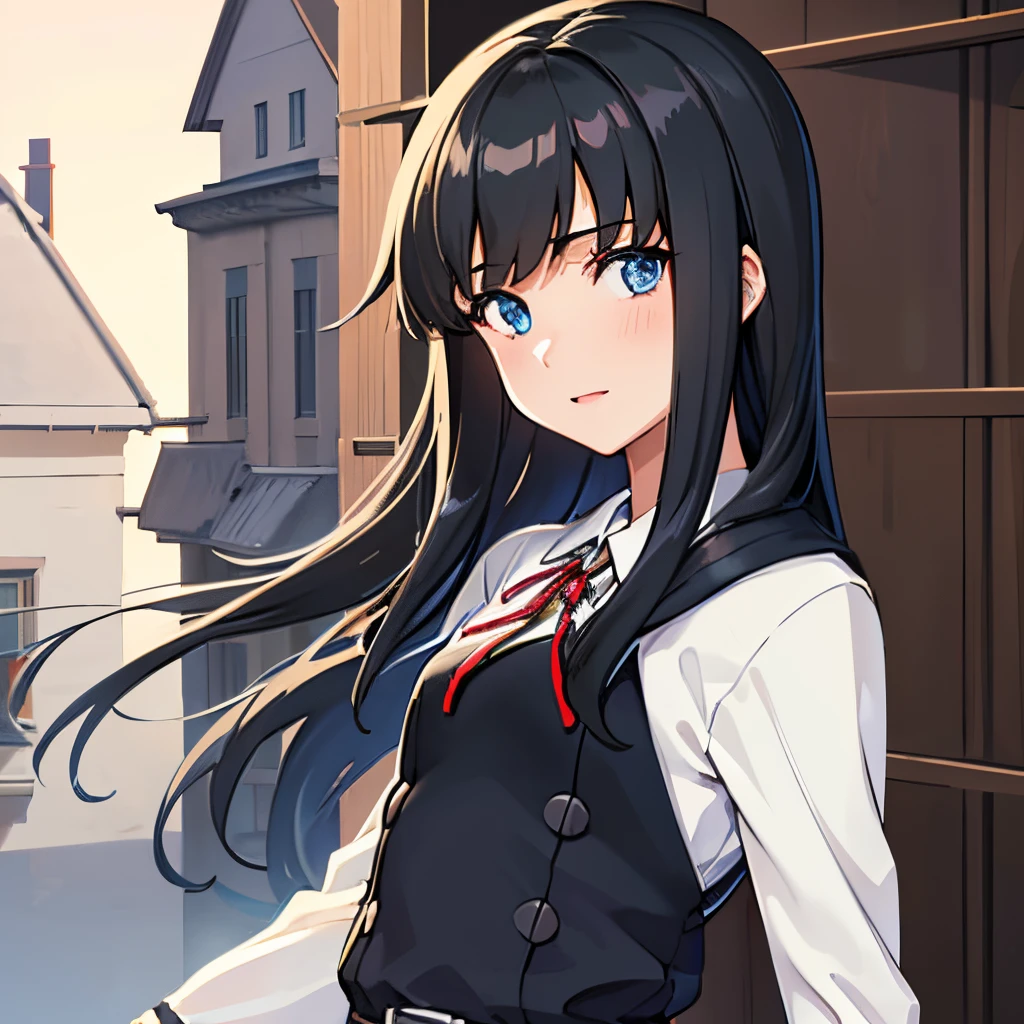 directly from front, upper body, laughing, closed mouth, best blue eyes, black pinafore dress, short red ribbon, black hair, straight hair, half long hair, blue eyes, best eyes, best face, anime nose, anime mouth, closed anime mouths, (masterpiece, best quality:1.4), (ultra-detailed:1.2), illustration, picturesque,