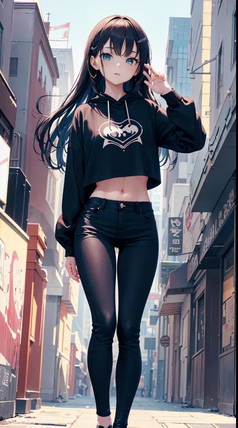 10 year old, 1girl, young girl, anime style, skinny body, Anime young girl wearing crop top black hoodie, skinny jeans pants, bl...