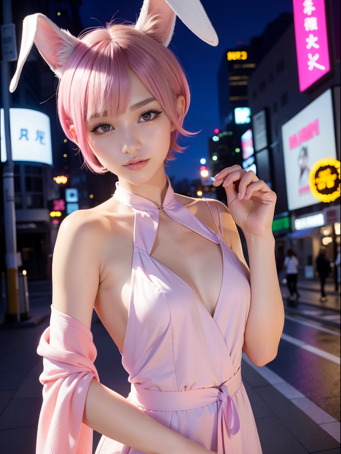low angles、taken from the under、overall、On the street at night、mid night、Under the moonlight、The tattoo、fullnude、Pink short cut hair、fullnude(8K, top-quality, ​masterpiece:1.2), (realisitic, Photorealsitic:1.37)、cute little、solo、(A smile:1.15)、(Mouth closed)、tiny chest、（short-hair：1.2）、masuter piece、Pink Shortcut Bob、Realistic rabbit ears、Pink realistic rabbit ears、Realistic ears of rabbits sticking out of the head、Pink hair、Beautiful girl in her 20s、Bewitching atmosphere、Beautiful shaped hands、K-POP、Pink rabbit ears、1 girl in、solo、​masterpiece、top-quality、realisitic、Hyper-detailing、absurderes、short pink hair、Slender beauties、Dynamic Lighting、hight resolution、sharp focus、depth of fields、(thick thight:1.0)、A slender :1.2，((Short-cut bob hair))、((k pop:1.3))，Highly detailed facial and skin texture、((Enchanting))，Anatomically correct number of fingers，Correct anatomy
