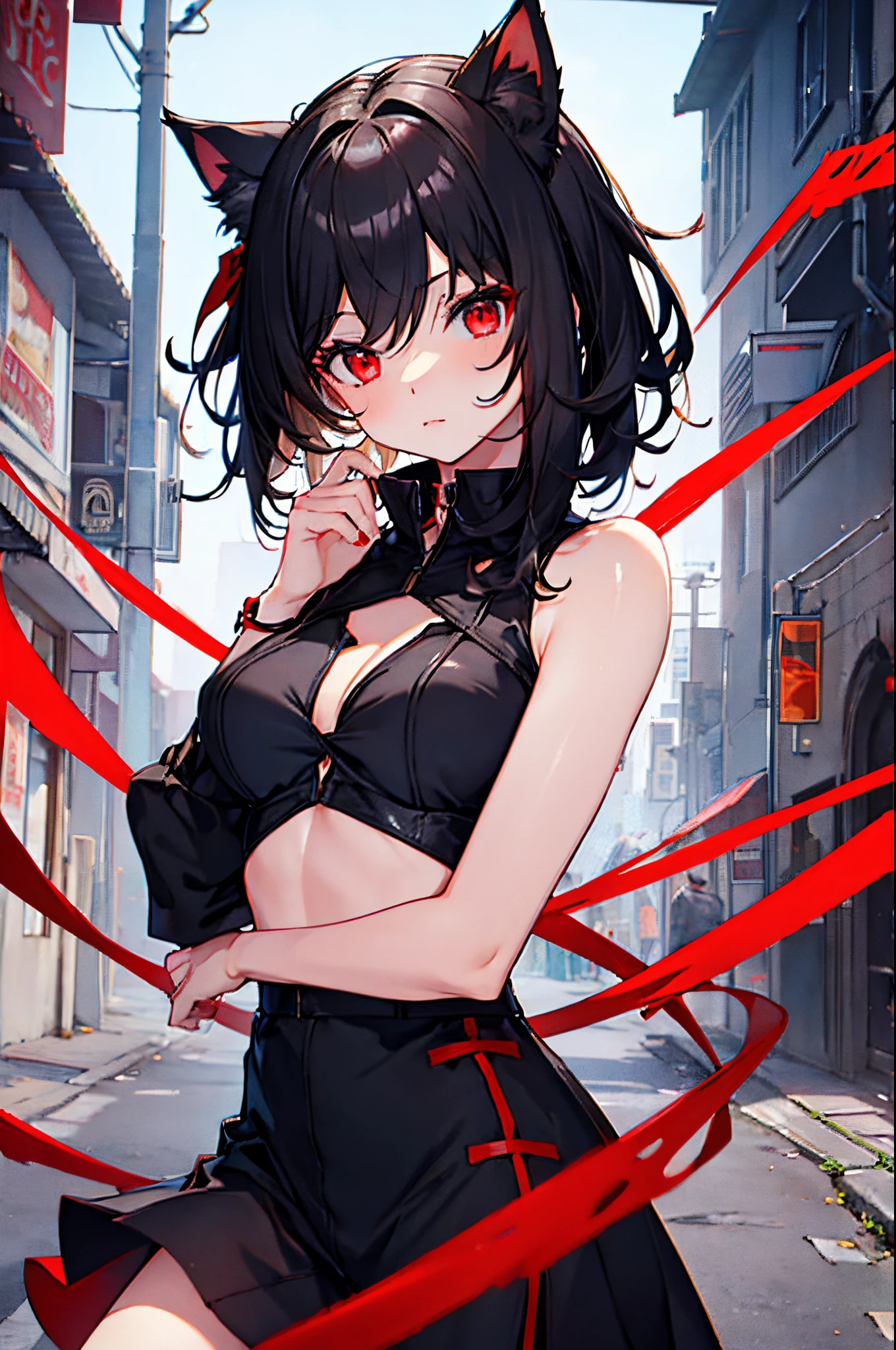 girl, black short hair red eyes, cat ears,