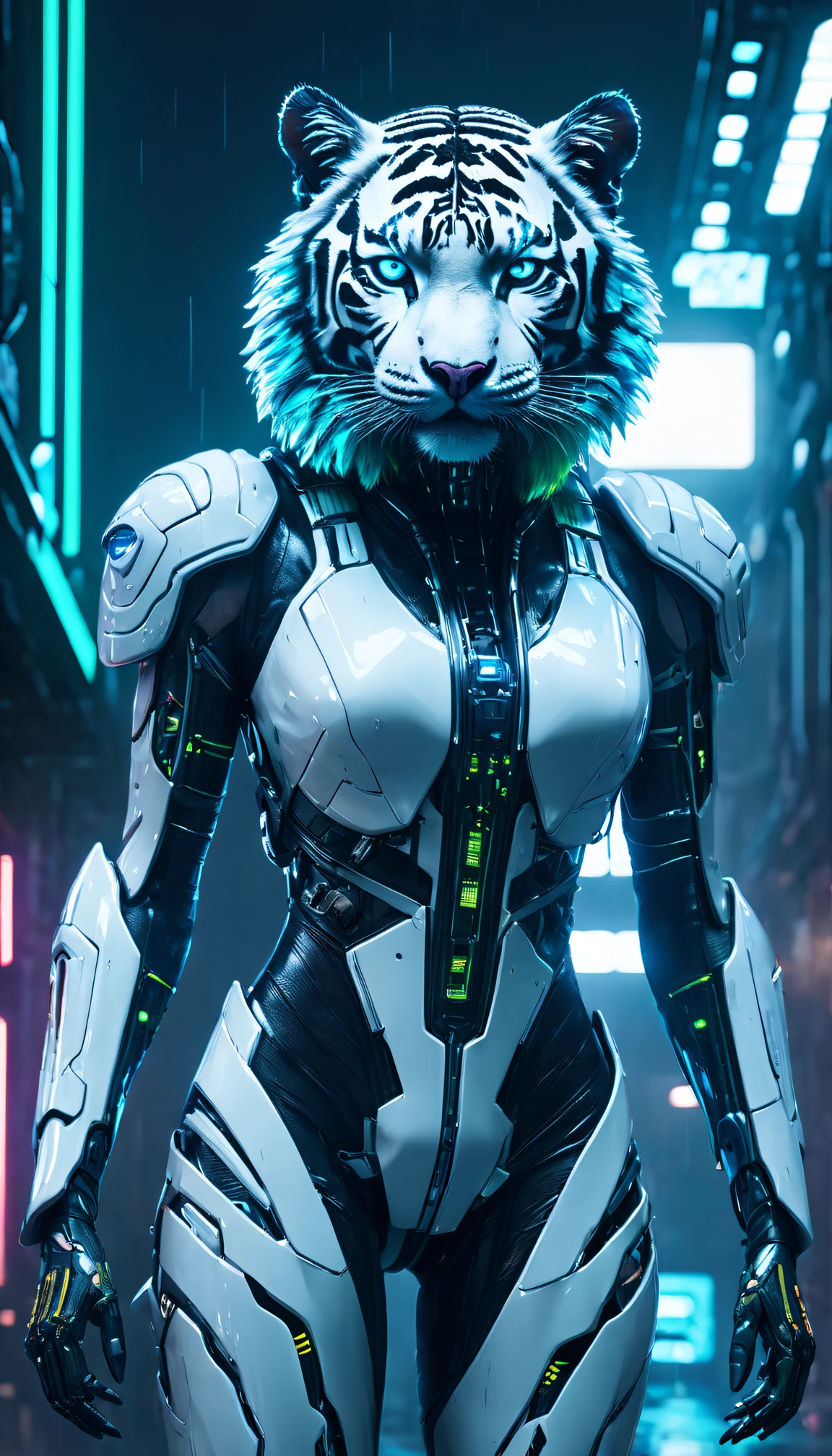 （Best quality，4K，8K，Tall structures，tmasterpiece：1.2），hyper-detailing，（realistically，photoreali，photoreali：1.37），cyber punk personage，White tiger and human hybrid，neonlight，dark and gritty atmosphere，Luminous implants，Sci-fi fashion，Reflective surfaces，Heavy rain and fog，Substantially modified body parts，Electric blue and neon green color scheme、cybernetically enhanced、Seamless fusion of human and animal characteristics，Amazing stature and feline agility，sparks flying，Technological progress，Impressive warping and marking，Snorkel and oxygen mask，criminal gang&#39;secret underground lab，Contrast of natural and man-made elements，Technology implants blend seamlessly into the body，sharp claws and teeth，Metal and chrome trim，Corroded and rusted structures，Digital display failure，Persistent sense of danger and uneasiness。