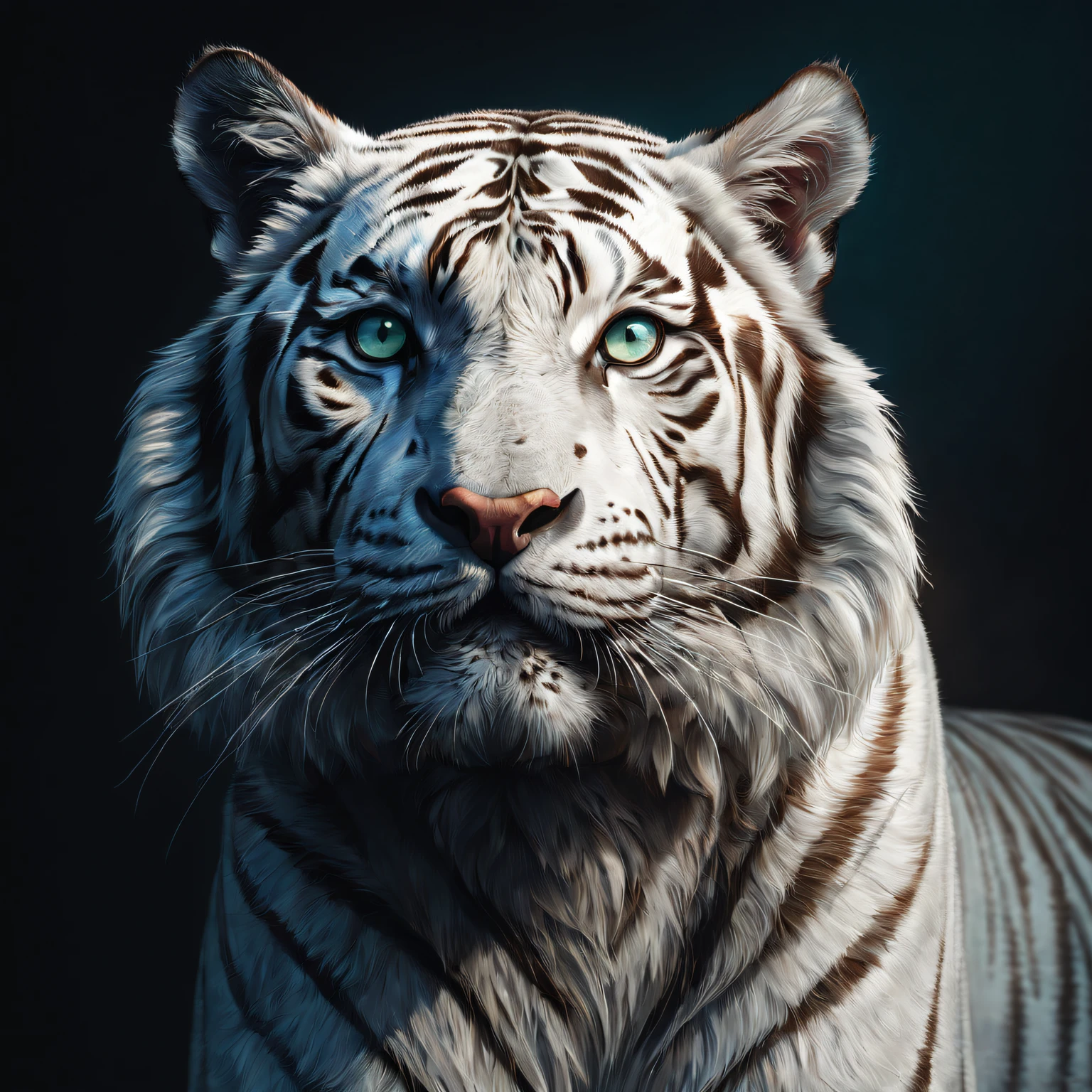 Best quality at best,ultra - detailed,actual,vivd colour,White Tiger,sportrait,illustratio,Focus sharp,Vibrant background,Delicate fur,Expressive eyes,Intense expression,Striking pose,majestic feeling,Stylized rendering,Beautiful contrast,Thick lines,Rich textures,a hint of fantasy,Unique character design,Colorful palette,dynamic compositions,dramatic lights,animal attributes,Emotional intensity,Lively brushstrokes,Strong sense of presence,noble existence,Powerful aura,Wonderful details,lifelike features,Surreal elements,a captivating gaze,condescending,Hypnotic eyes,Enigmatic Atmosphere,Vibrant brushstrokes,perfect anatomia,symbolic representation,heroic figure,Impressive figure,vivid imagination,awe-inspiring,Unforgettable artwork.photore, Studio lighting, Sony A7, 35mm, hyper realisitc, Large depth of field, concept-art, colours, the ultra-detailed, hyper realisitc, (Large depth of field), (Moody light), (ambient lights), ((Cinematic))。