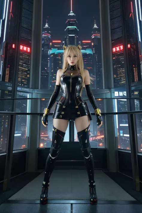 high-detail、high-level image quality、rialistic photo、Japan pretty girls、a blond、Twinte、cyberpunked、Futuristic city at night、miku hatsune、full body seen、Violent explosion、Combat with robots、a scene from a movie、arma