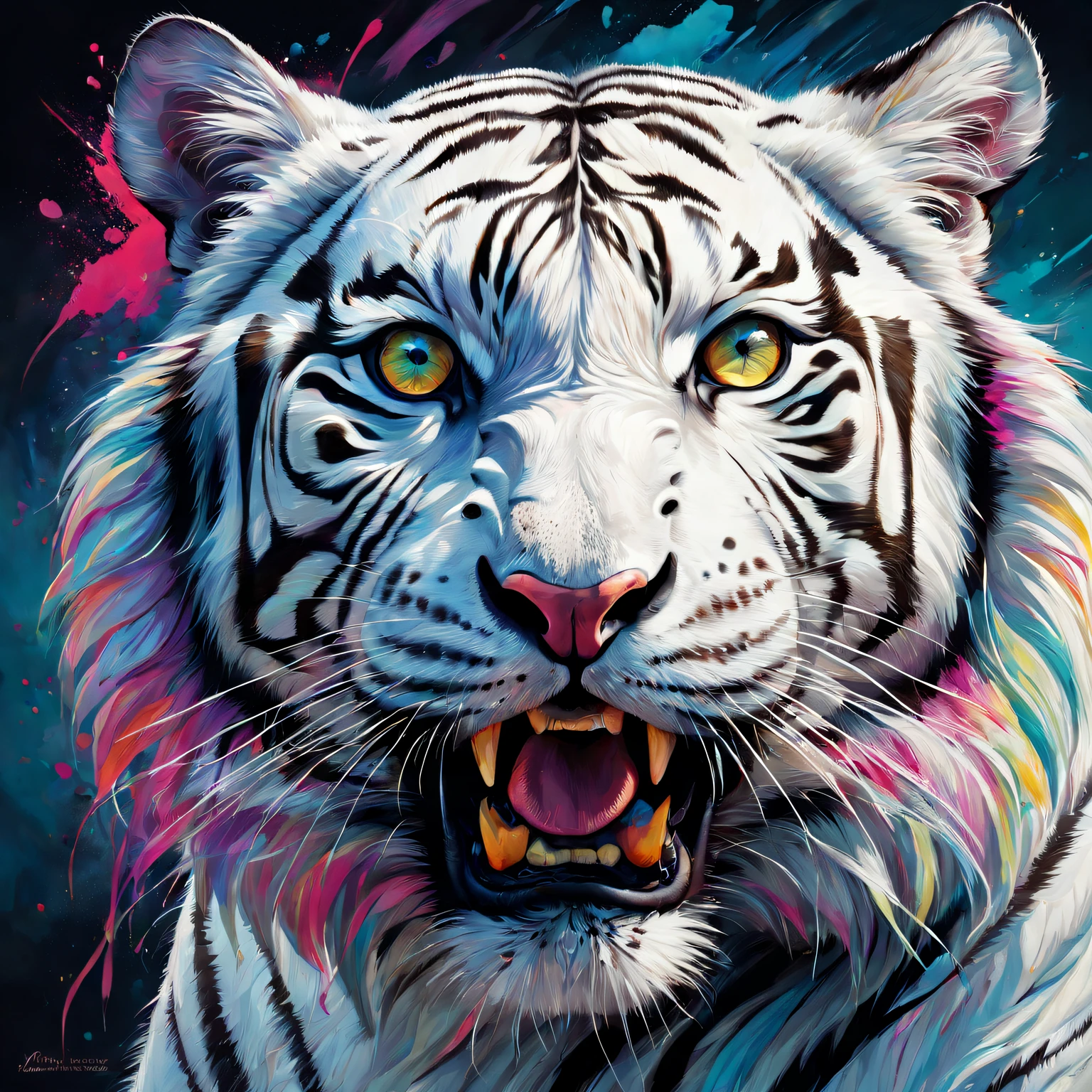 Best quality at best,ultra - detailed,actual,vivd colour,White Tiger,sportrait,illustratio,Focus sharp,Vibrant background,Delicate fur,Expressive eyes,Intense expression,Striking pose,majestic feeling,Stylized rendering,Beautiful contrast,Thick lines,Rich textures,a hint of fantasy,Unique character design,Colorful palette,dynamic compositions,dramatic lights,animal attributes,Emotional intensity,Lively brushstrokes,Strong sense of presence,noble existence,Powerful aura,Wonderful details,lifelike features,Surreal elements,a captivating gaze,condescending,Hypnotic eyes,Enigmatic Atmosphere,Vibrant brushstrokes,perfect anatomia,symbolic representation,heroic figure,Impressive figure,vivid imagination,awe-inspiring,Unforgettable artwork.