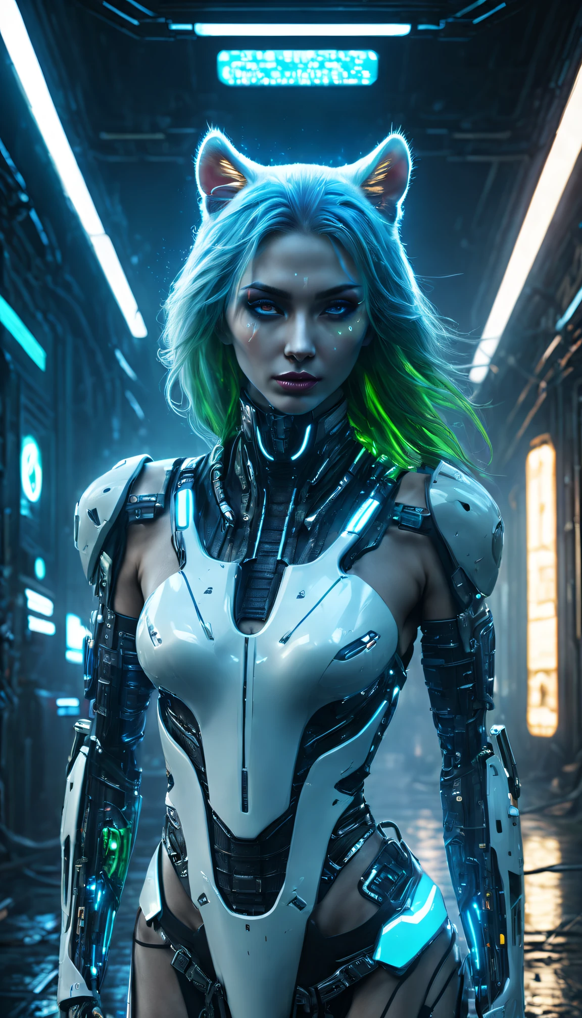 （melhor qualidade，4K，8K，Estruturas altas，obra-prima：1.2），Hiper-detalhamento，（realisticamente，Fotoreal，Fotoreal：1.37），personagem cyberpunk，Tigre branco e híbrido humano，luz neon，atmosfera escura e arenosa，Implantes luminosos，Moda de ficção científica，superfícies reflexivas，Chuva forte e neblina，Partes do corpo substancialmente modificadas，Esquema de cores azul elétrico e verde neon、ciberneticamente melhorado、Fusão perfeita de características humanas e animais，Estatura incrível e agilidade felina，faíscas voando，Progresso tecnológico，Deformação e marcação impressionantes，Snorkel e máscara de oxigênio，facção criminosa&#39;laboratório subterrâneo secreto，Contraste de elementos naturais e artificiais，Implantes tecnológicos se integram perfeitamente ao corpo，garras e dentes afiados，Acabamento metálico e cromado，Estruturas corroídas e enferrujadas，Falha no display digital，Sensação persistente de perigo e desconforto。