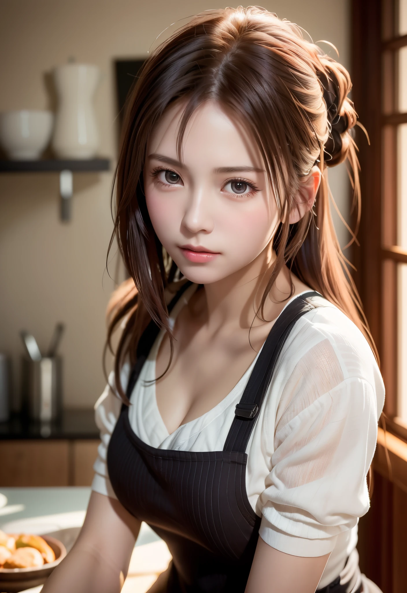 8K, of the highest quality, masutepiece:1.2), (Realistic, Photorealsitic:1.37), of the highest quality, masutepiece, Beautiful young woman, Pensive expression, Gentle eyes, Apron naked、Lovers、Hair tied back, Messy mood, Cinematic background,  Light skin tone