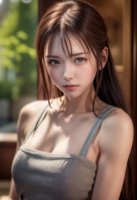 8K, of the highest quality, masutepiece:1.2), (Realistic, Photorealsitic:1.37), of the highest quality, masutepiece, Beautiful young woman, Pensive expression, Gentle eyes, Apron naked、Lovers、Hair tied back, Messy mood, Cinematic background,  Light skin to...