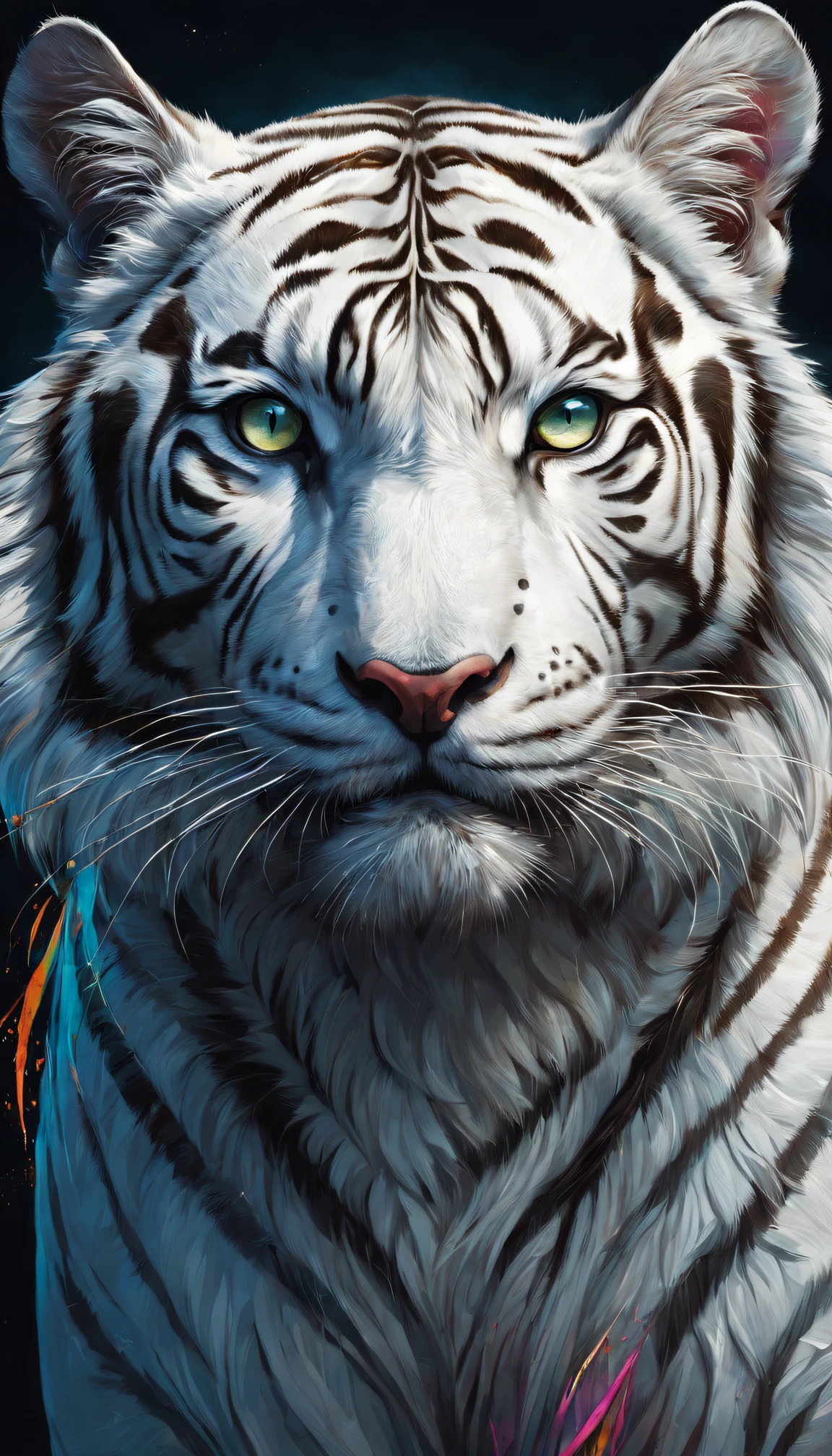 Best quality at best,ultra - detailed,actual,vivd colour,White tiger and human hybrid,sportrait,illustratio,Focus sharp,Vibrant background,Delicate fur,Expressive eyes,Intense expression,Striking pose,majestic feeling,Stylized rendering,Beautiful contrast,Thick lines,Rich textures,a hint of fantasy,Unique character design,Colorful palette,dynamic compositions,dramatic lights,animal attributes,Emotional intensity,Lively brushstrokes,Strong sense of presence,noble existence,Powerful aura,Wonderful details,lifelike features,Surreal elements,a captivating gaze,condescending,Hypnotic eyes,Enigmatic Atmosphere,Vibrant brushstrokes,perfect anatomia,symbolic representation,heroic figure,Impressive figure,vivid imagination,awe-inspiring,Unforgettable artwork.