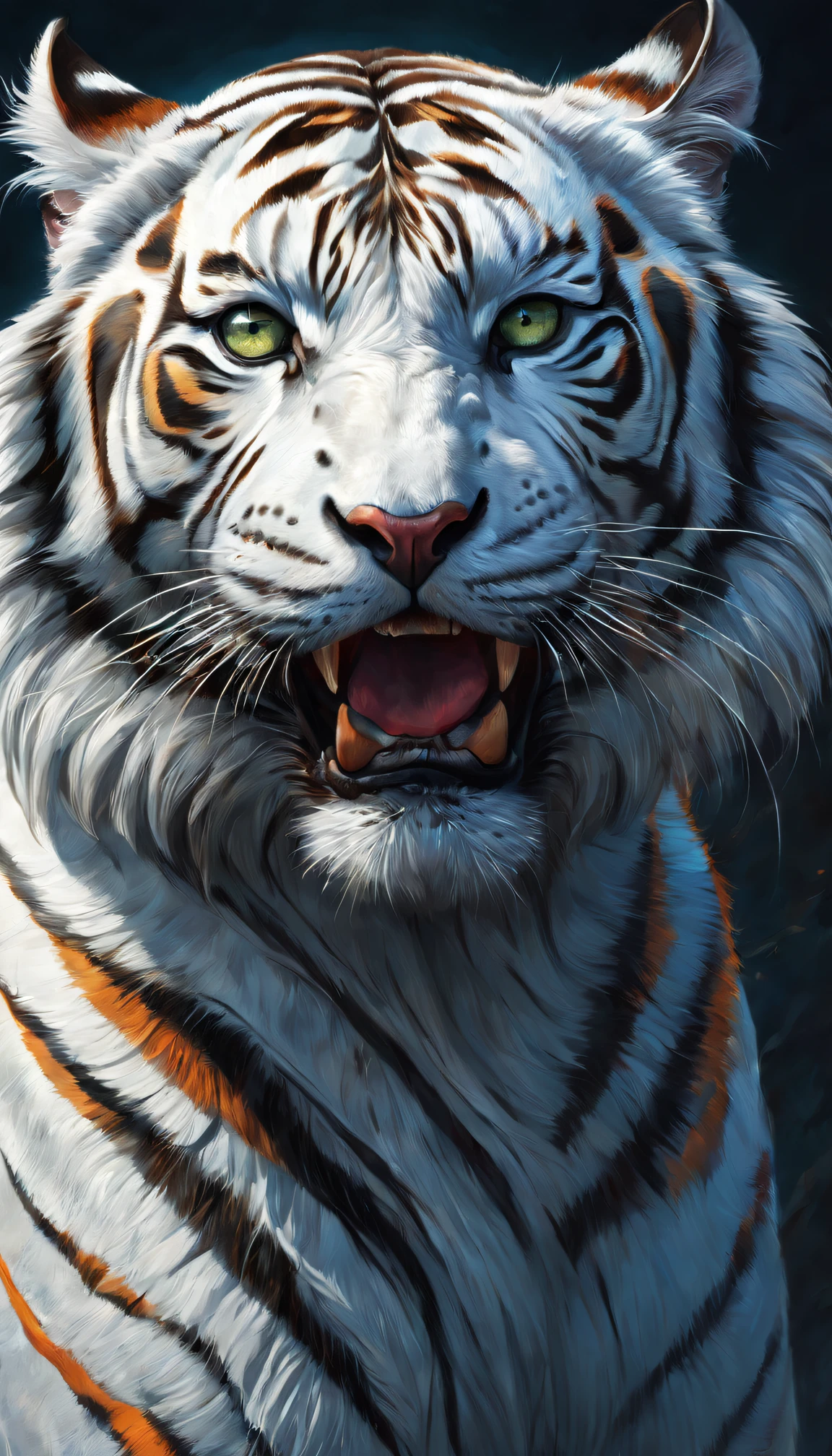 Best quality at best,ultra - detailed,actual,vivd colour,White tiger and human hybrid,sportrait,illustratio,Focus sharp,Vibrant background,Delicate fur,Expressive eyes,Intense expression,Striking pose,majestic feeling,Stylized rendering,Beautiful contrast,Thick lines,Rich textures,a hint of fantasy,Unique character design,Colorful palette,dynamic compositions,dramatic lights,animal attributes,Emotional intensity,Lively brushstrokes,Strong sense of presence,noble existence,Powerful aura,Wonderful details,lifelike features,Surreal elements,a captivating gaze,condescending,Hypnotic eyes,Enigmatic Atmosphere,Vibrant brushstrokes,perfect anatomia,symbolic representation,heroic figure,Impressive figure,vivid imagination,awe-inspiring,Unforgettable artwork.