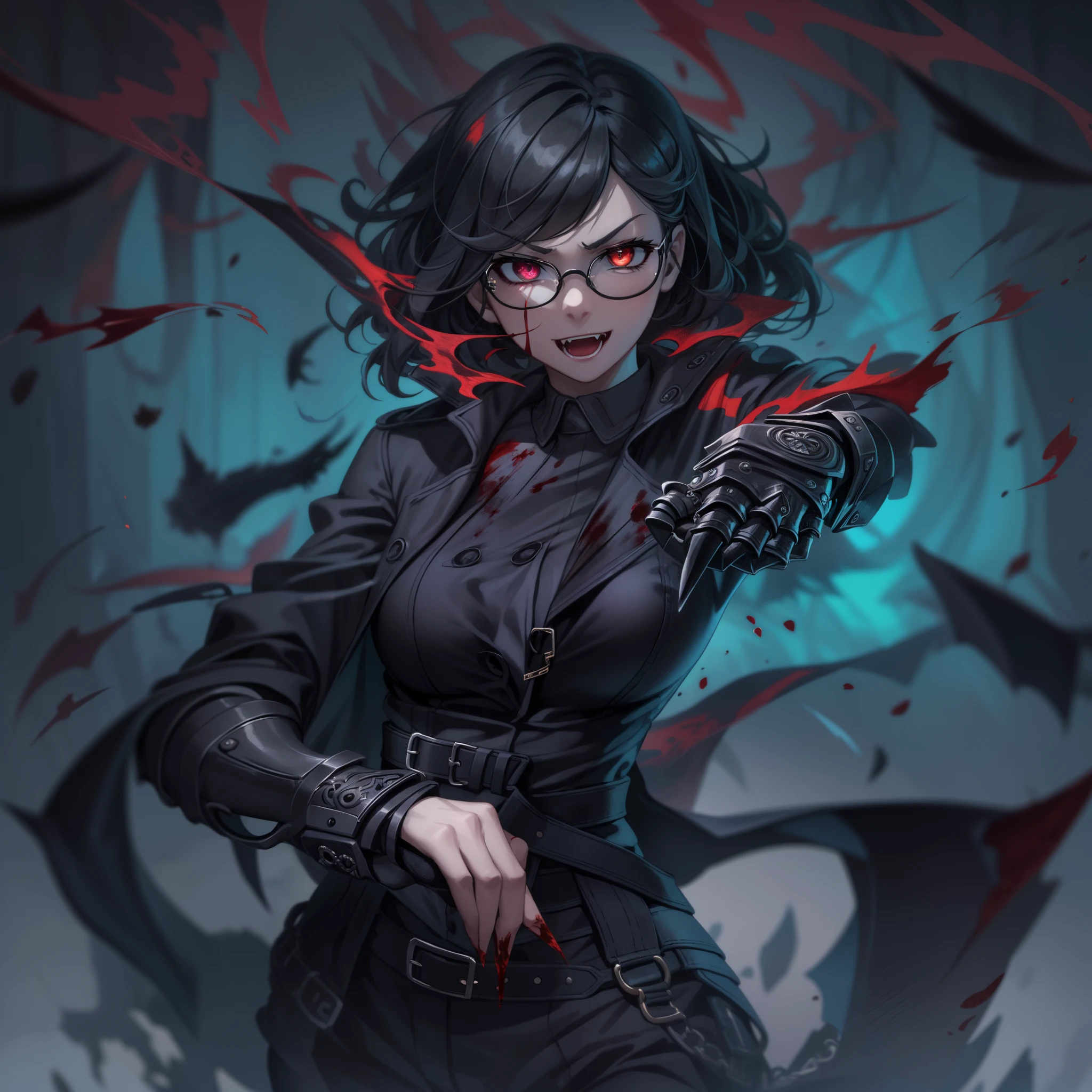 (High resolution, best quality, masterpiece) detail, intricate detail, 1female, ((solo _focused)), single, one woman, physically fit, curvy, pale skin, vampire, fierce expression, dark eyes, (detailed eyes), red_rimmed eyes, sharpened fangs, black hair, short hair, full body, human hands, ((detailed hands)), ((pointed fingers)), medium breast, beautiful, cute, dark aura surrounding her, (topwear:(((shirt:black, trench_coat:black)), handwear:((gauntlets), bottomwear:(pants:blue))))), blood dripping, glasses on the top of her head, dark tinted glasses, grinning, cocky expression, menacing, blood spatter