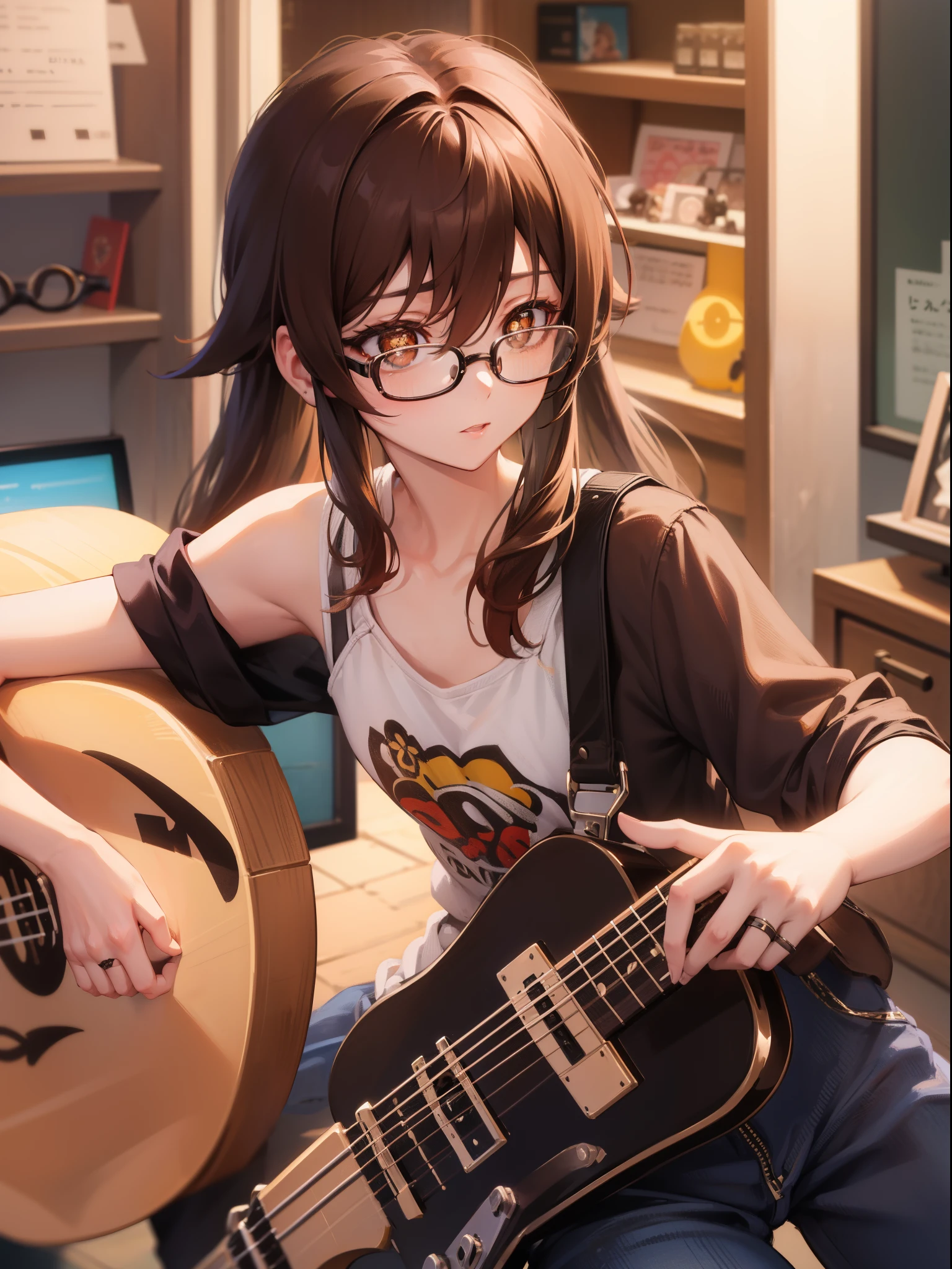 One woman、brown haired(short)、Brown eyes、Black-rimmed glasses、Ring piercing of the earlobe、Playing the guitar