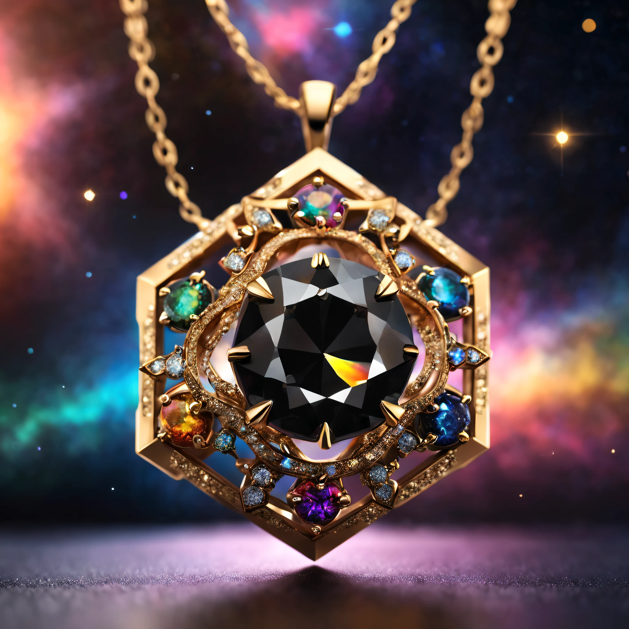 A close up of a necklace with a black diamond surrounded by colorful  crystals - SeaArt AI