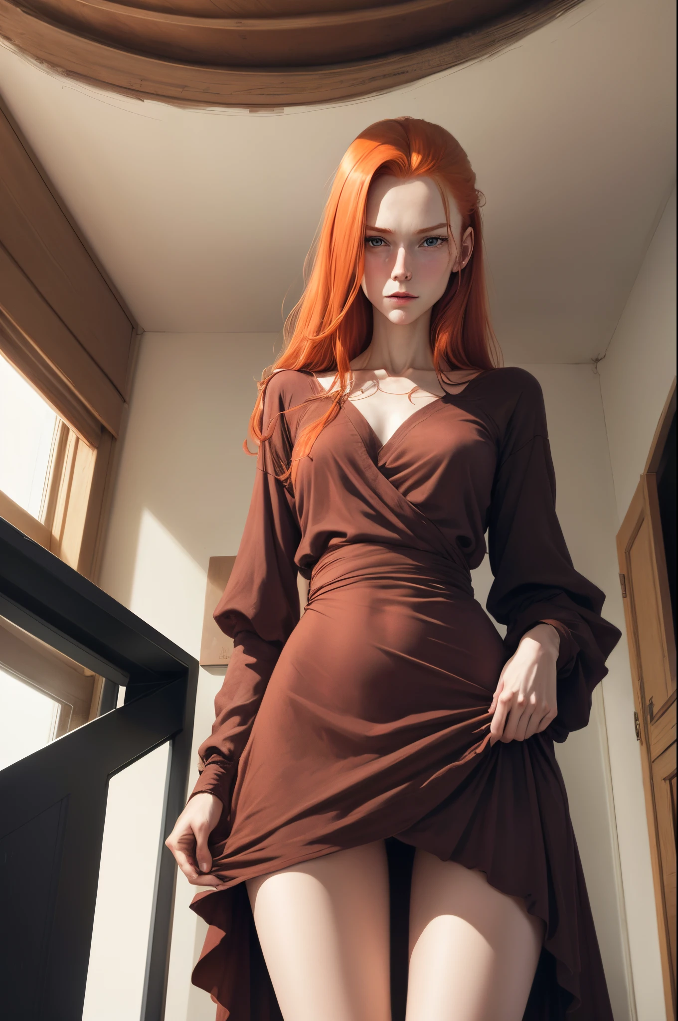 A close up of a woman with red hair wearing a brown dress - SeaArt AI