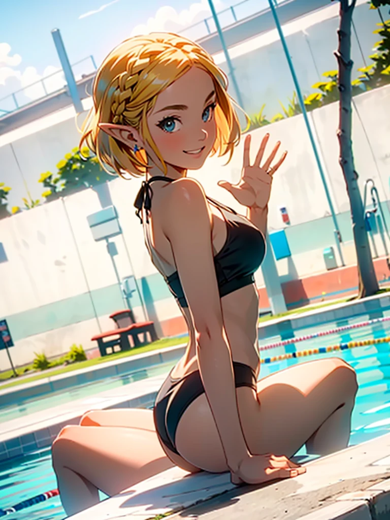 (best quality:1.2), Zelda, 1 girl, short hair, braided hair, bikini blue, sitting near a public swimming pool, view from behind, at a public swimming pool, In the afternoons, olhos verdes, rosto corado, smiling expression, waving hello,(good hands)