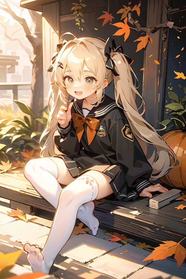 (1girl:1.5), foot focus, blonde hair, twin tails, school uniform, white thighhighs, no shoe, presenting foot, autumn, leaves, happy, heart-shaped pupils, shrine, orange ribbon, sunlight, UHD, high details, best quality, high quality