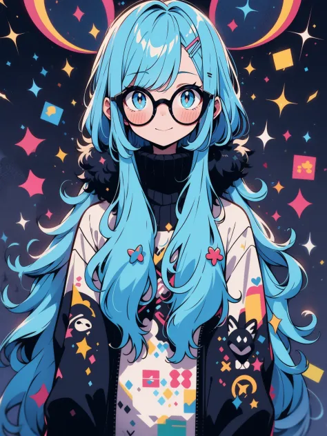 muff, blue  hair, Colorful hair, long whitr hair , with glasses