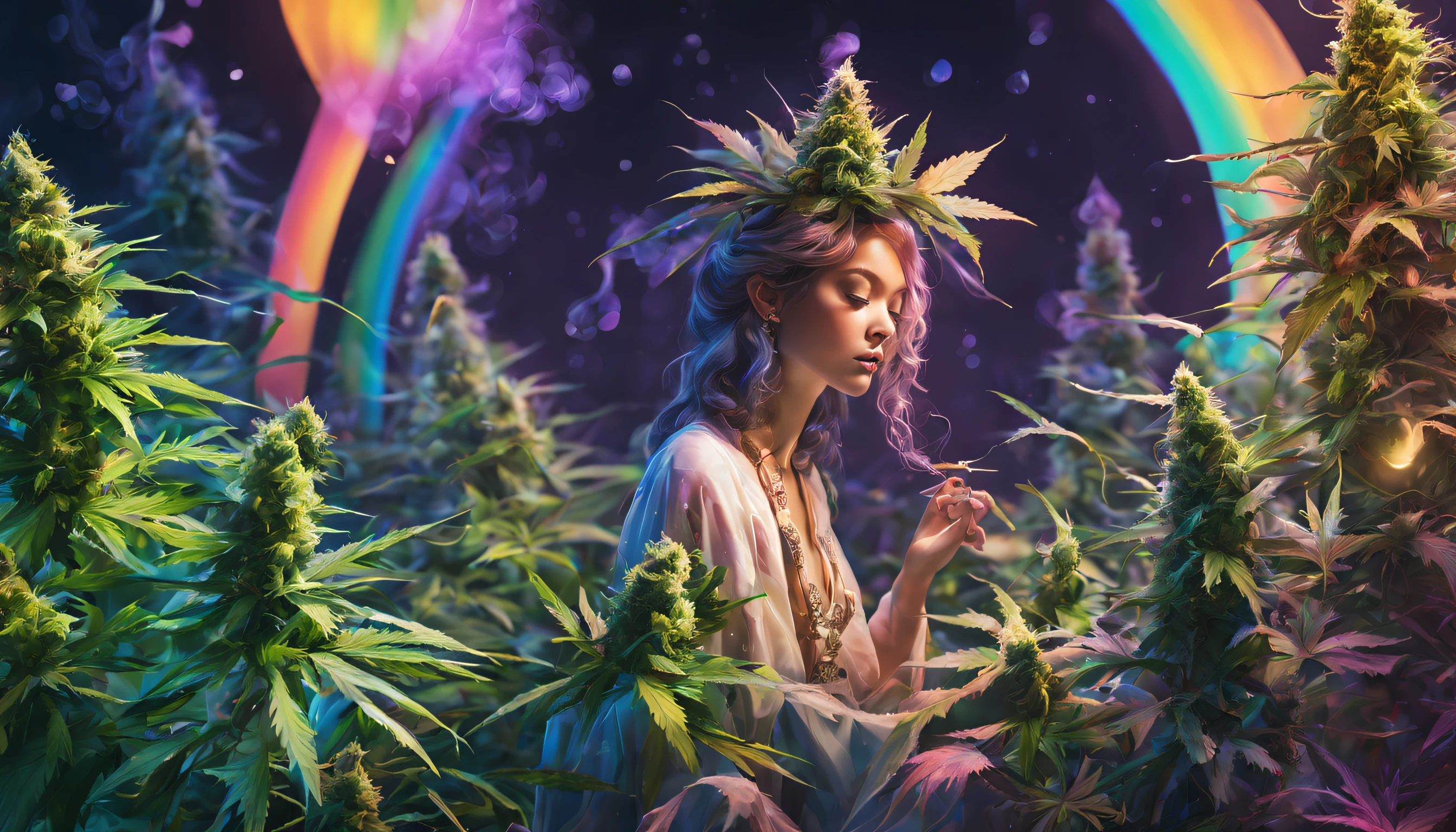 A woman sitting in a field of marijuana with a rainbow in the background -  SeaArt AI