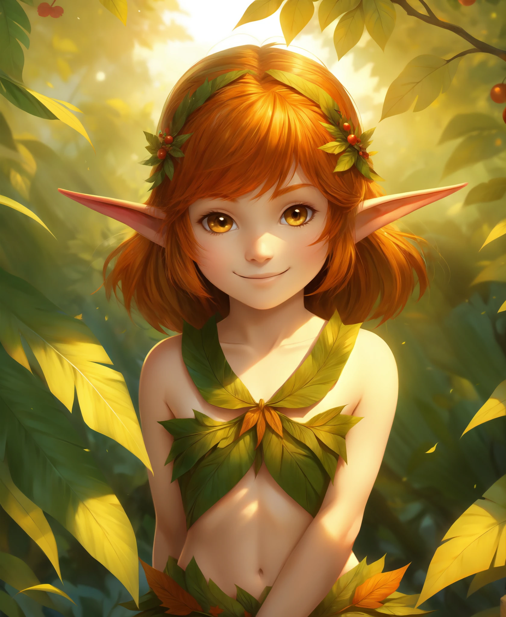 ELF EARS, LEAF COSTUME, GINGER HAIR, 1girl, solo, upper body, facing viewer, looking at viewer, smile,