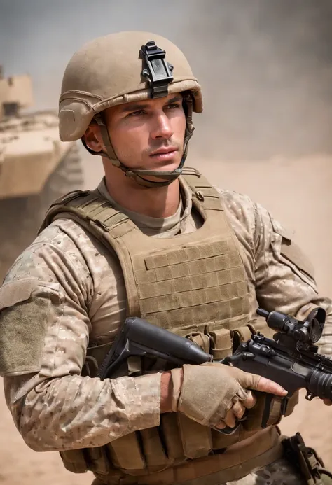 Criar um prompt para uma imagem: a muscular soldier with visibly