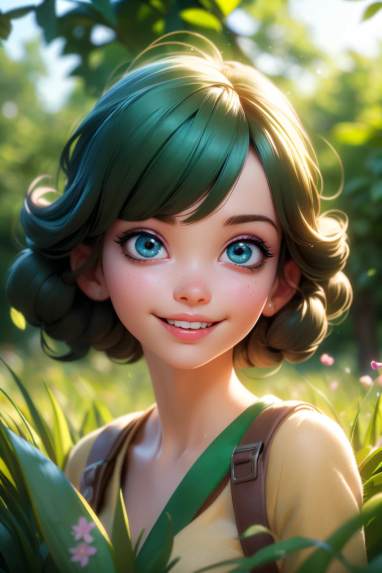 (best quality, 4k, 8k, highres, masterpiece:1.2), ultra-detailed, (realistic, photorealistic, photo-realistic:1.37), playful, cartoon, girl, cute smile, outdoor, 3d rendering, beautiful detailed eyes, beautiful detailed lips, extremely detailed eyes and face, longeyelashes, colourful, soft lighting, summer scenery, green grass, lively atmosphere