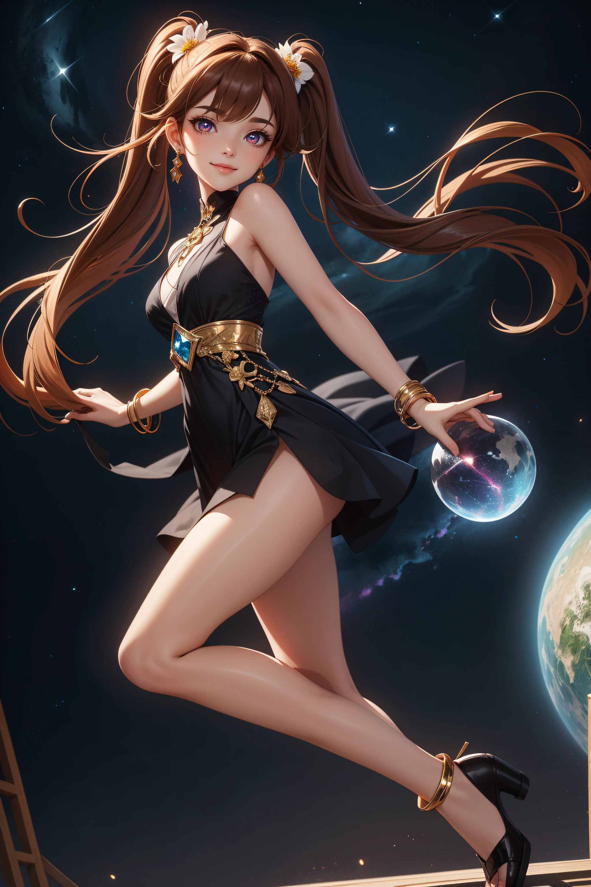 (simple hands:0.5)+(detailed hands:0.7), (masterwork), (best quality), brown hair, flower-shaped pupils,1girl, beautiful woman, pale skin, eyelashes, bracelet, jewelry, smile, gleaming skin, shiny hair, detailed and majestic stage, Fantasy, twin tail, long hair, night sky, Incredibly detailed CG illustration masterpiece, looking at you, anime, beautiful anime eyes, beautiful detailed eyes, eyes, glittering eyes, red eyes, galaxy, nebula, (full body)