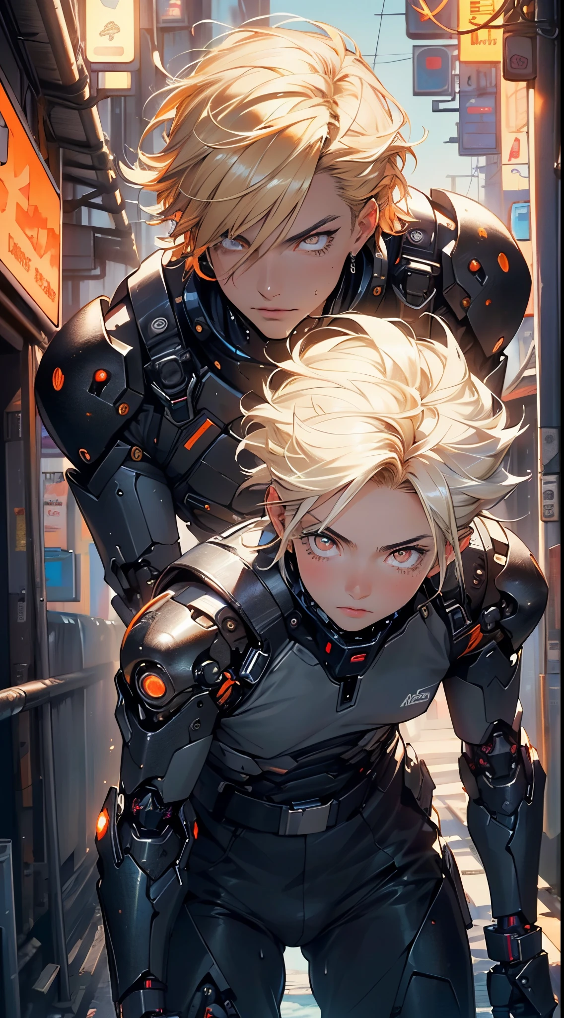 (man:1.5),1 man,archer man,(((1man))),((man with blonde short hair)),

(((1male,man:1.5,handsome man,male,male gender:1.5,male focus))),macho man,hero,

((messy hair,blonde short haircut,detailed blonde hair,highly detailed hair,blonde hair,colored inner hair)),(((lustrous skin:1.5,tanned skin,bright skin: 1.5,skin tanned,shiny skin,very shiny skin,shiny body,illuminated skin))),(((orange_eyes:1.2))),intricate eyes,beautiful detailed eyes,symmetrical eyes,((man chest)),handsome face,((muscular)),male jaw,((detailed face)),

manly,nsfw,

cyberpunk firefighter, ((mechanical arms:1.5, bionic arms:1.5)), futuristic firefighter uniform,((bulge in pants)),((uniform in black and orange colors)),((wet clothes,intricate outfit,intricate clothes,intricate uniform)),

(dynamic pose:1.0),solo focus,((heroic attitude)),(centered,scale to fit dimensions,Rule of thirds),

cyberpunk city by the ocean at night, with bright neon signs and dark stormy clouds and puddles, scenery:1.25,nighttime, starry night, cosmos,Very dark night that makes the neon lights stand out, very bright neon lights,nighttime, starry night, cosmos,

artistic photography,(photography taken by sldr),highres, sharp focus,(ultra detailed, extremely detailed), (photorealistic artwork:1.37),(extremely detailed CG unity 8k wallpaper),((synthwave background theme)),(((vibrant colors))),intricate,(intricate background),(masterpiece),(best quality),photo realistic,analog style,((intricate detail)),(((realism))),