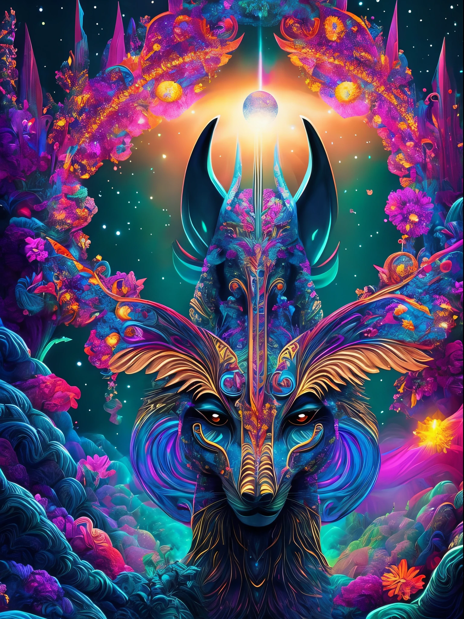 The prompt for the given theme would be: "Anubis in a psychedelic and surreal world, ultra-detailed, with vibrant colors and lighting effects, creating a masterpiece with 8k and 4k resolution. Anubis is depicted with intricate details, merging with the surroundings seamlessly. The artwork showcases Anubis under the influence of LSD, where space and time lose their boundaries. The scene exudes a sense of otherworldly beauty and mystique, combining the ancient Egyptian deity with a contemporary psychedelic aesthetic, creating a visually stunning and mind-altering experience."