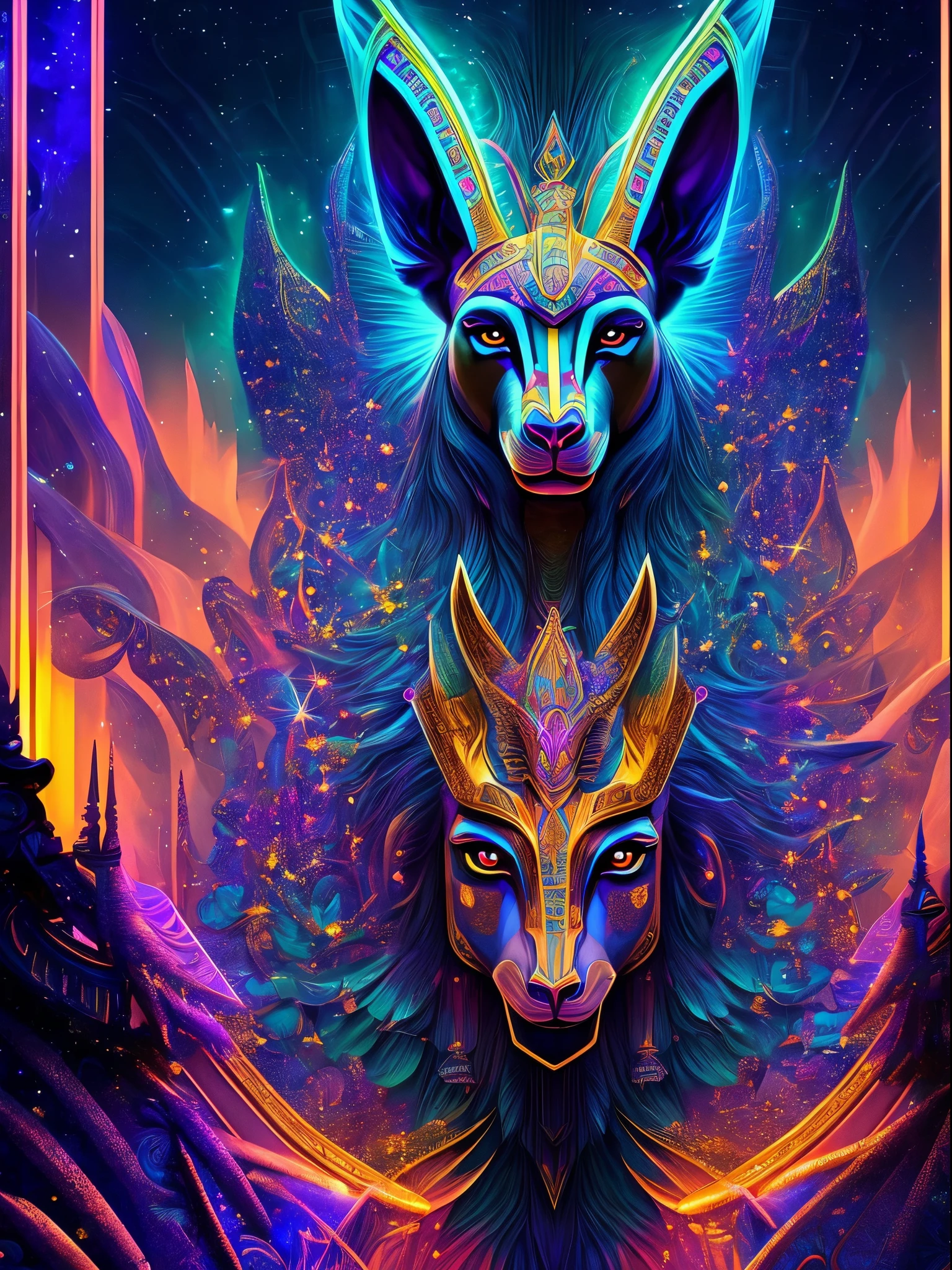 The prompt for the given theme would be: "Anubis in a psychedelic and surreal world, ultra-detailed, with vibrant colors and lighting effects, creating a masterpiece with 8k and 4k resolution. Anubis is depicted with intricate details, merging with the surroundings seamlessly. The artwork showcases Anubis under the influence of LSD, where space and time lose their boundaries. The scene exudes a sense of otherworldly beauty and mystique, combining the ancient Egyptian deity with a contemporary psychedelic aesthetic, creating a visually stunning and mind-altering experience."