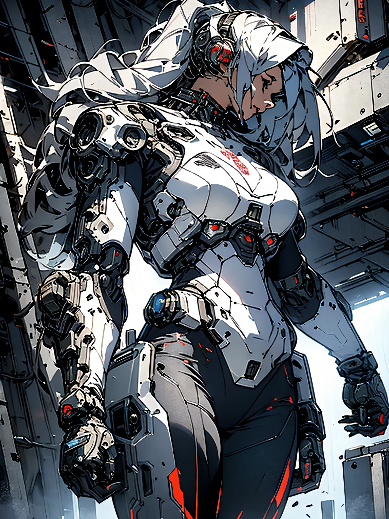 a strong adult woman，in her huge and elaborate mecha suit.Heavy weapons, Cyberpunk visor, The entire outfit features high-tech graphics, best quality, tmasterpiece, sexyposture, perfect body figure